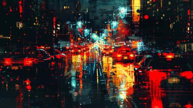 Des lumières rouges, jaunes et blanches vibrantes peignent les routes la nuit, montrant le mouvement constant de