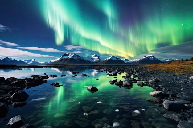 des lumières vertes dans le ciel au-dessus de l'eau