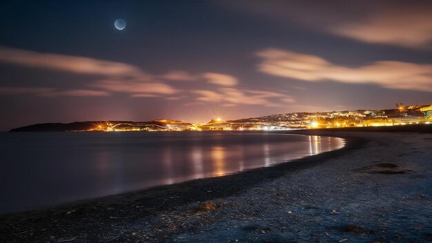 Photo les lumières de la ville et le ciel nocturne de la plage de sandsfoot dans le dorset, au royaume-uni