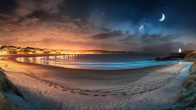 Photo les lumières de la ville et le ciel nocturne de la plage de sandsfoot dans le dorset, au royaume-uni