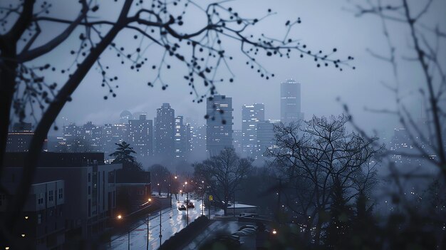 Les lumières de la ville scintillent au loin comme on le voit à travers une légère pluie.