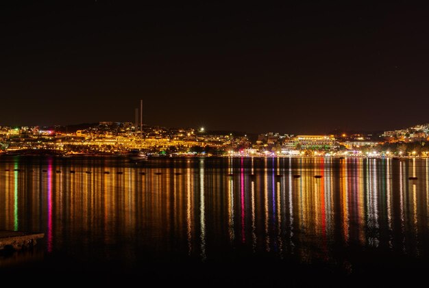 Lumières de la ville se reflétant sur l'eau avec espace de copie de ciel sombre Rivière ou lac la nuit avec reflets de lumière de maison de plage sur la surface de l'eau Gratte-ciel coloré de minuit brillant dans l'eau calme près d'un port