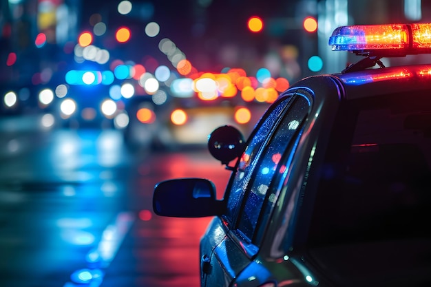 lumières de voiture de police la nuit dans la rue de la ville avec mise au point sélective et bokeh