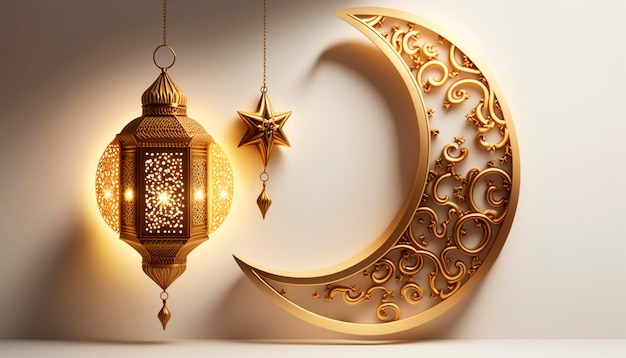 Luminaire en forme de croissant doré et suspension arabe pour la fête islamique du Ramadan Generative AI