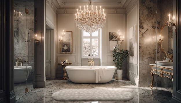 Luminaire de lustre illuminé au sol en marbre au design élégant de salle de bain de luxe moderne généré par AI