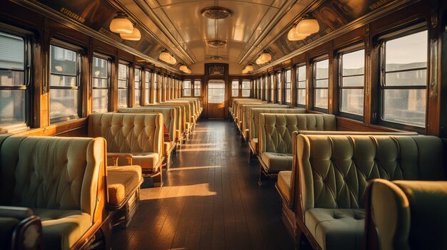 Photo des luminaires en laiton de compartiment de train vintage la lumière du jour douce à travers les fenêtres la nostalgie du voyage