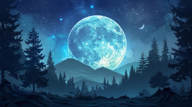 La lune bleue au-dessus des montagnes