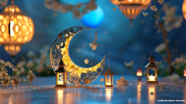 Photo une lune bleue avec une étoile dorée nouvelle année islamique