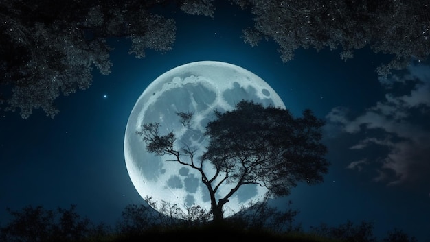 La lune brillante au sommet d'un arbre, le ciel de nuit, le paysage noir en arrière-plan.