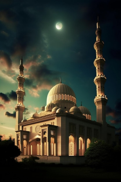 La lune brille au-dessus d'une mosquée