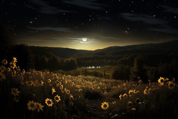 La lune brille sur un champ de tournesols