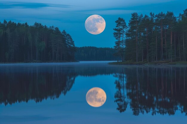 La lune brille sur les eaux calmes de la forêt et du lac