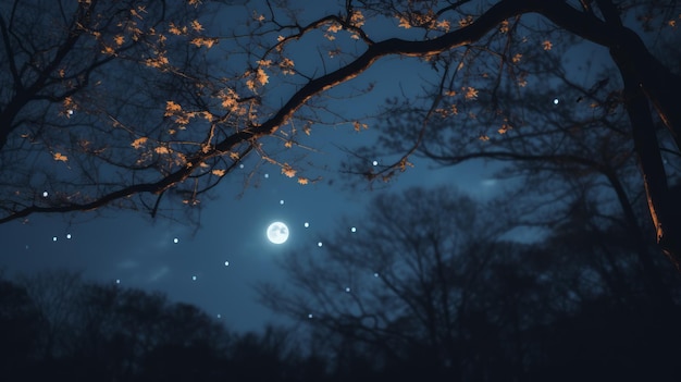 la lune brille à travers les arbres la nuit