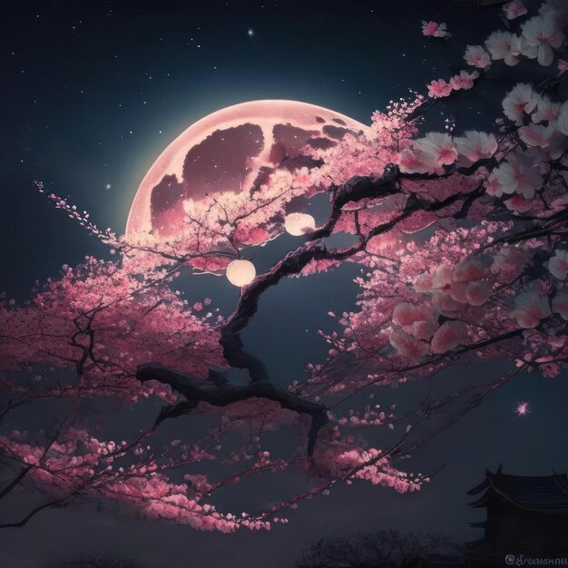 La lune avec des cerisiers en fleurs