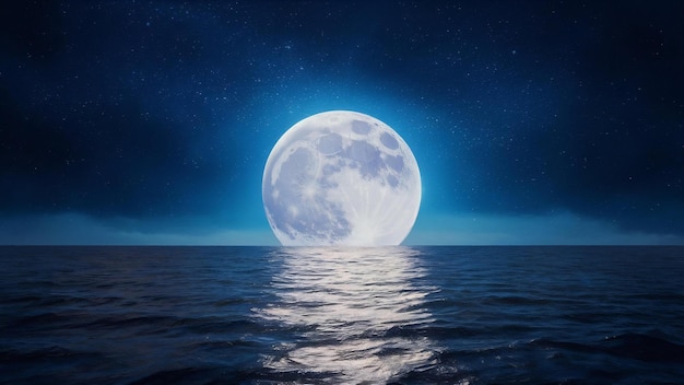 La lune contre un ciel étoilé brillant reflété dans la mer