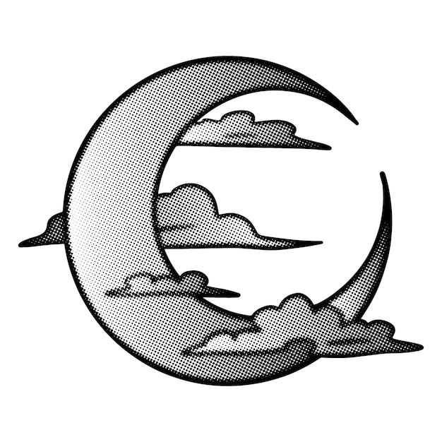 Lune croissante avec des nuages autocollant avec une bordure blanche