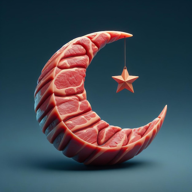 Photo lune croissante réaliste en 3d faite de bœuf avec un thème du ramadan isolé en arrière-plan