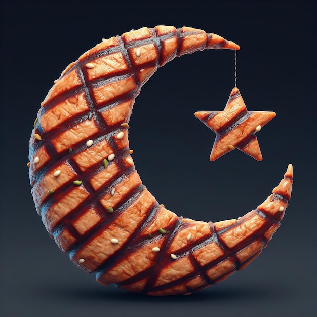 Lune croissante réaliste en 3D faite de steak de bœuf avec un thème du ramadan isolé en arrière-plan