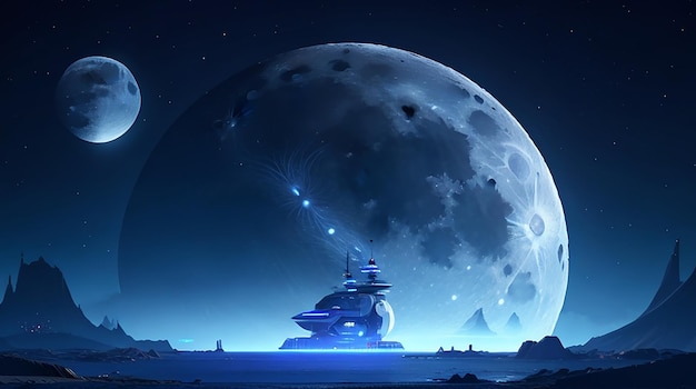 Lune dans le ciel la nuit jeu d'actifs de fond 2D futuriste ai générative