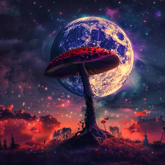 Photo une lune éclipsée surplombant un champignon psychédélique photo générée par l'ia