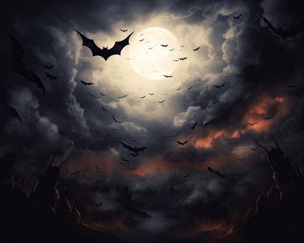 Lune effrayante dans un ciel nuageux avec des chauves-souris la nuit d'Halloween