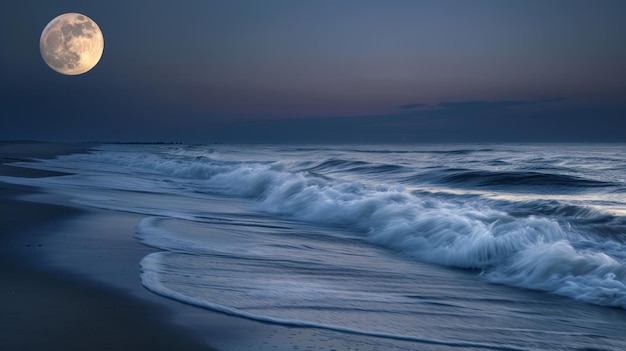 La lune est basse dans le ciel son visage pâle projette une douce lumière éthérée sur la plage les vagues