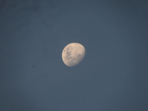 Une lune est visible à travers un ciel bleu foncé avec un avion au loin.