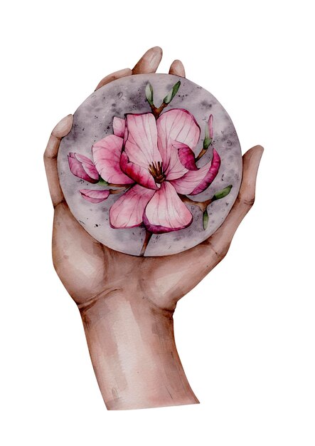 Photo lune florale aquarelle avec fleur de magnolia dans l'illustration de la main humaine. univers en fleurs clipart