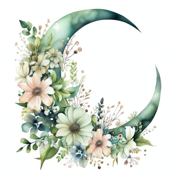 Lune florale aquarelle avec verdure sur fond blanc