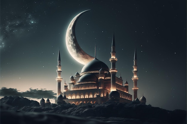 Lune en forme de croissant et mosquée devant la nuit ciel nuageux et étoilé ramadan le mois sacré des musulmans