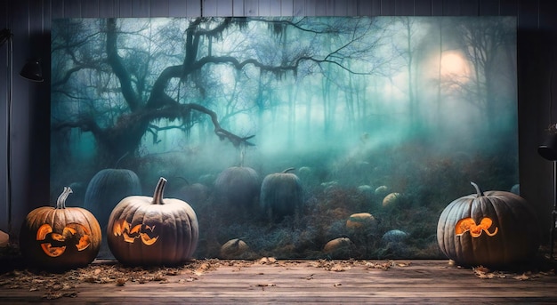 Lune d'Halloween avec citrouilles légères et grandes