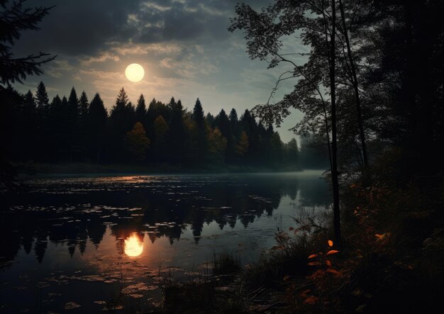 Lune hantée qui brille au-dessus d'un lac effrayant