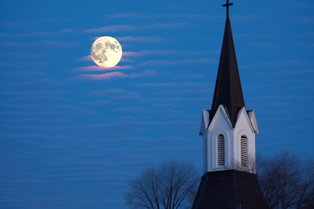 Photo lune d'hiver lumineuse sur un clocher d'église givré