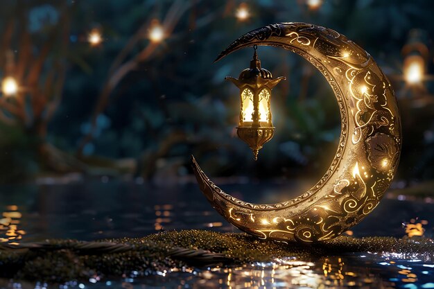 Photo la lune et la lampe du festival d'eid d'or 3d