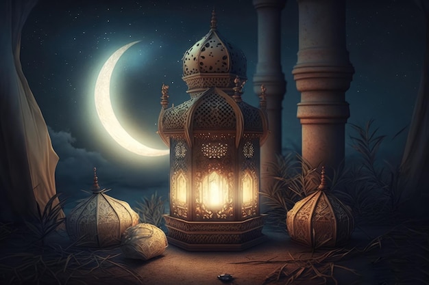 Lune et lanterne. Lanterne de style islamique. Lanterne du ramadan. Eid Mubarak Ramadan Kareem fond d'écran