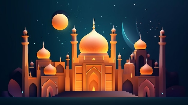 La lune et la mosquée dans la nuit