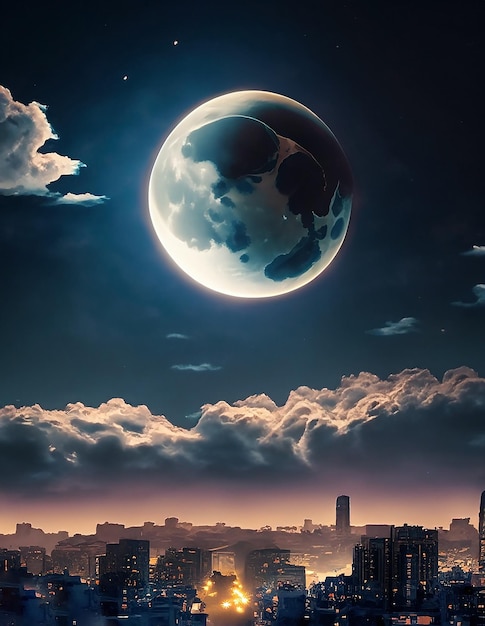 La lune et les nuages dans une ville nocturne