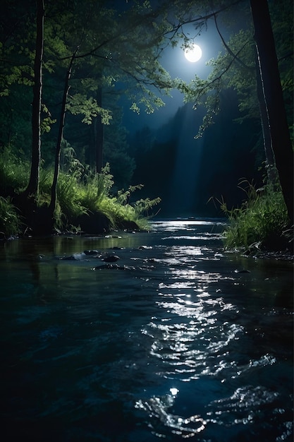 Photo une lune sur une nuit pleine avec la rivière naturelle 1