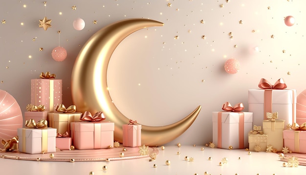 Lune d'or arabe avec des cadeaux et des ballons décoration complète Eid Mubarak fond islamique rendu 3D