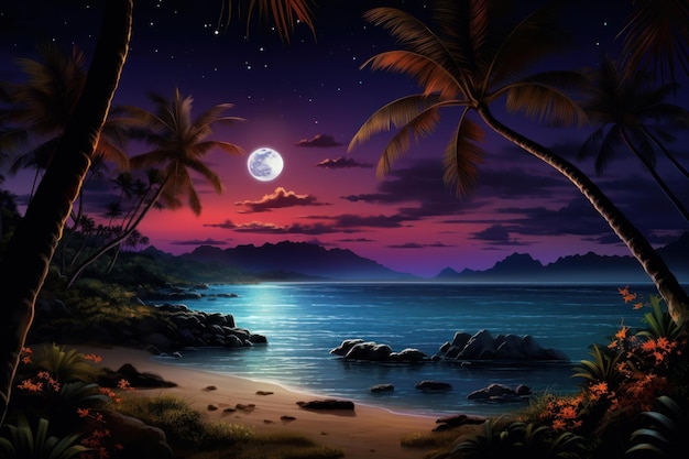 La lune de plage romantique de la nuit tropicale génère Ai