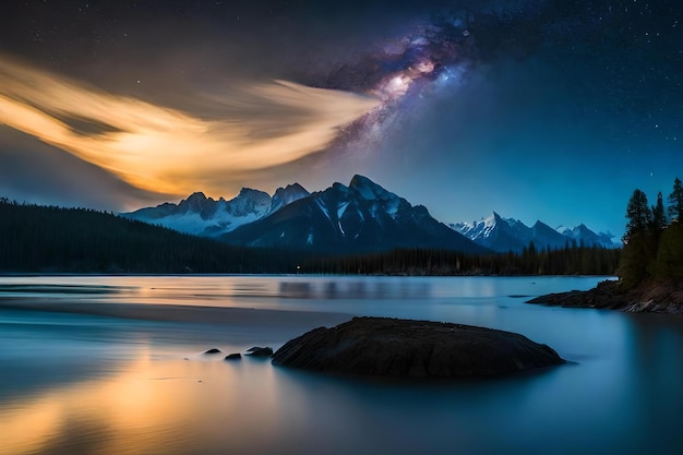 Une lune pleine brille sur une chaîne de montagnes.