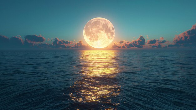 Une lune pleine s'élève sur une mer tranquille