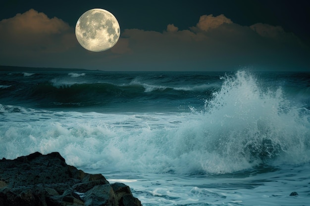 Une lune pleine s'élève sur l'océan avec des vagues