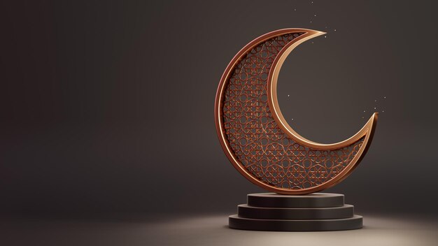 Photo lune et podium du ramadan doré comme arrière-plan islamique de luxe. rendu 3d