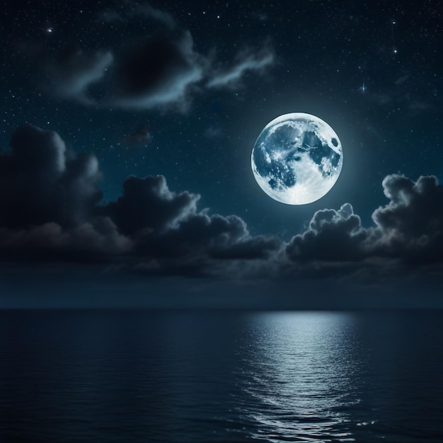 La lune romantique avec les nuages et le ciel étoilé sur l'eau bleue étincelante