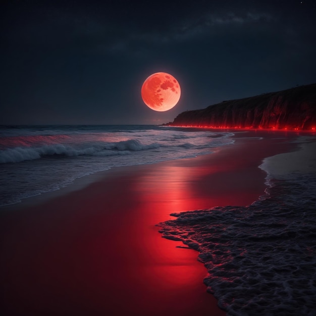 Photo lune rouge sur fond de mer