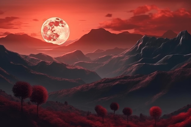 Une lune rouge sur un paysage de montagne avec des montagnes et des arbres.