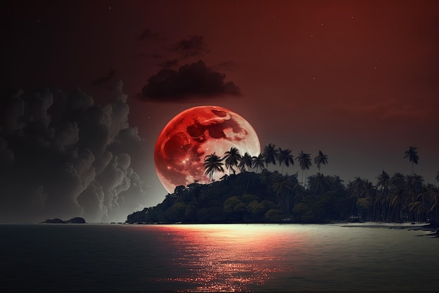 Une lune rouge se lève sur une île tropicale.