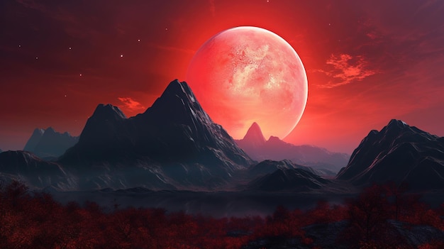 Une lune rouge se lève sur les montagnes et une lune rouge