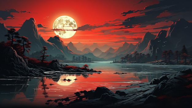 la lune se reflète sur une montagne asiatique couverte de brouillard, représentée dans un style artistique de jeu en 2D. la peinture présente un fond de paysage luxuriant avec des contours audacieux et des couleurs plates. l'utilisation de rouge clair et d'argent